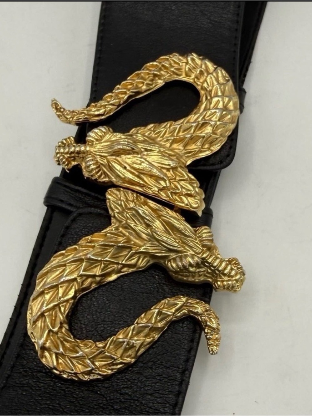Vintage Raina Leather Belt Black Gold Dragon Buckle  Made In USA Clip Clasp
